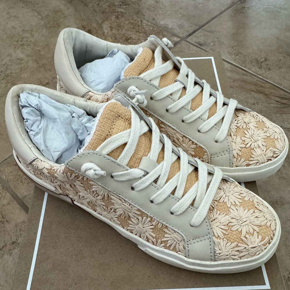 Dolce Vita Shoes | Dolce Vita Creme Floral Raffia Leather Zina Court Sneakers